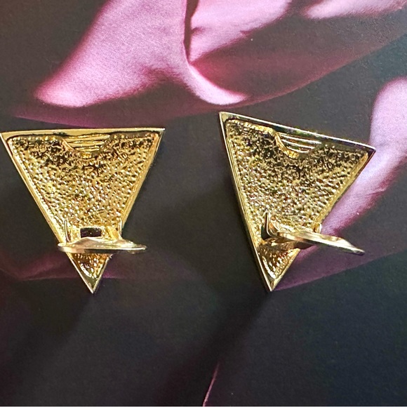 1990s Vintage Gold Tone Triangular Clip On Earrings with Clear Crystal Accents - Picture 11 of 11
